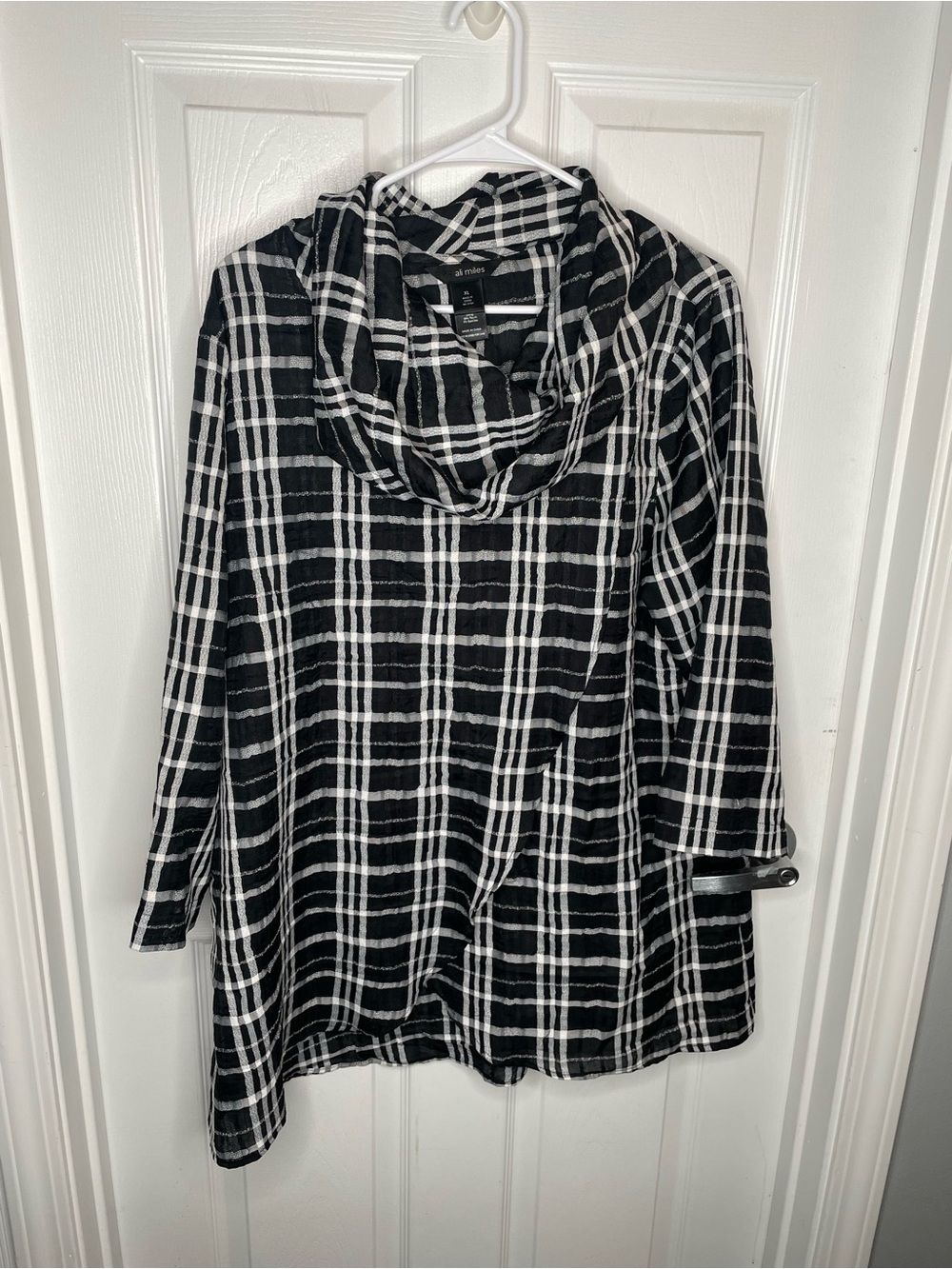 Ali Miles Plaid Cowl Neck Tunic Art to Wear Preppy Lightweight in Black/White XL